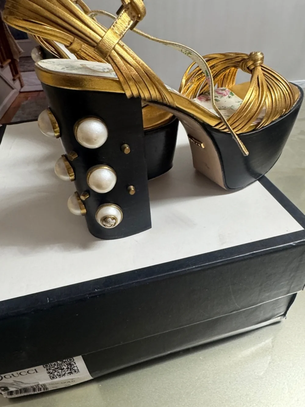 Gucci Gold Metallic Pearl-Embellished Platform Sandals - Picture 4 of 8
